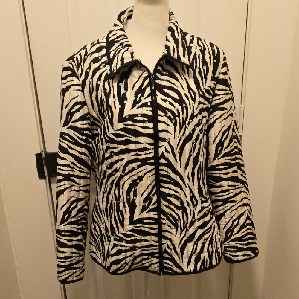 Anne Carson Black and White Zebra-Print Zip Front Jacket